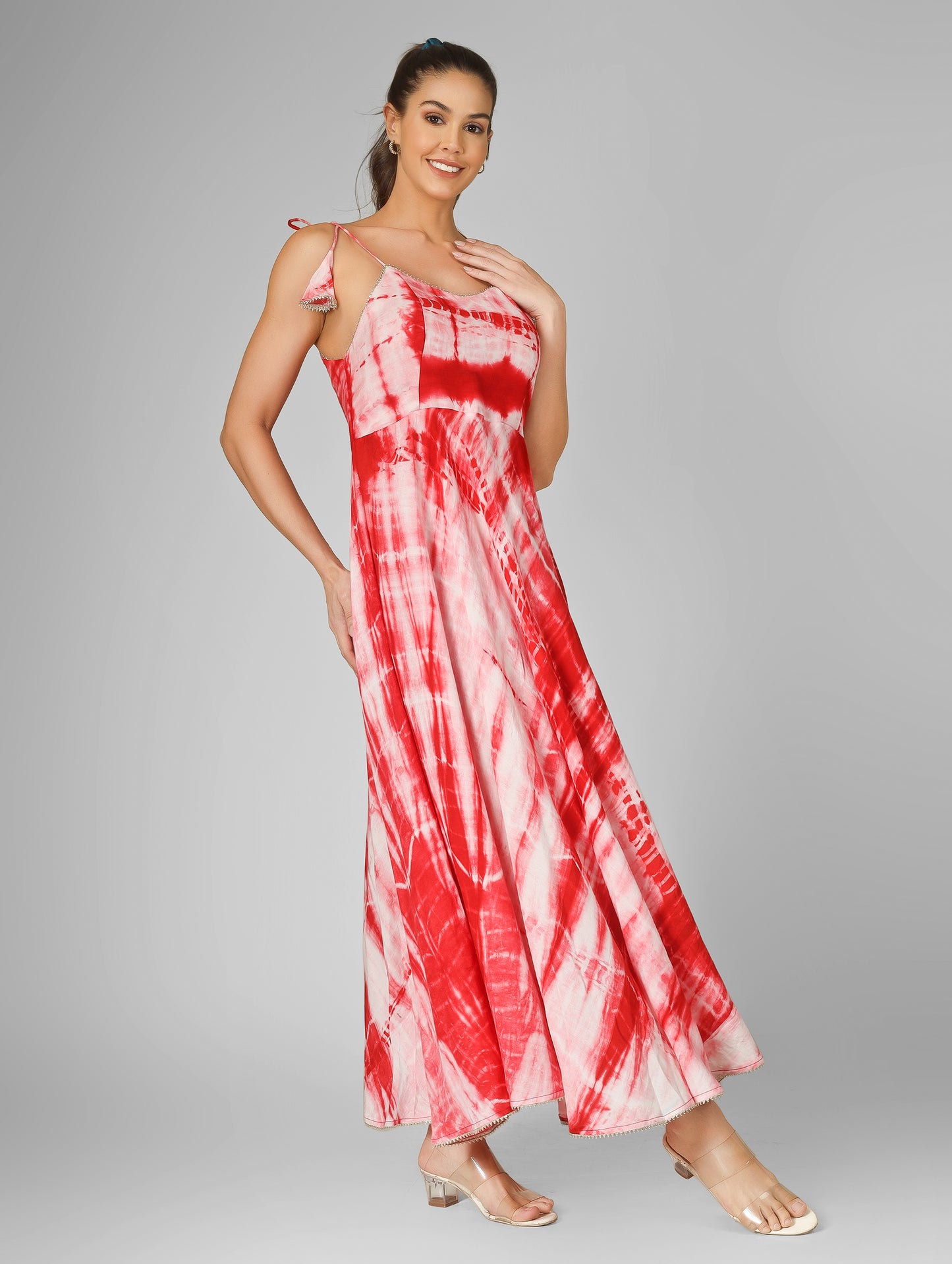 Flowy Tie-Dye Backless Dress with Silver Kinari Tassels | Festive Floor-Length Dress