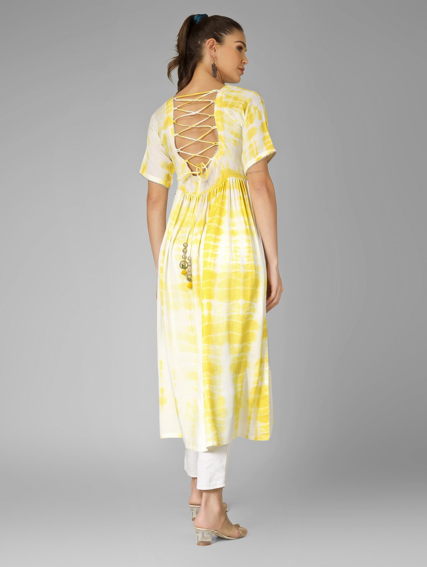 Yellow Tie-Dye Dress with Silver Kingari & High Slit