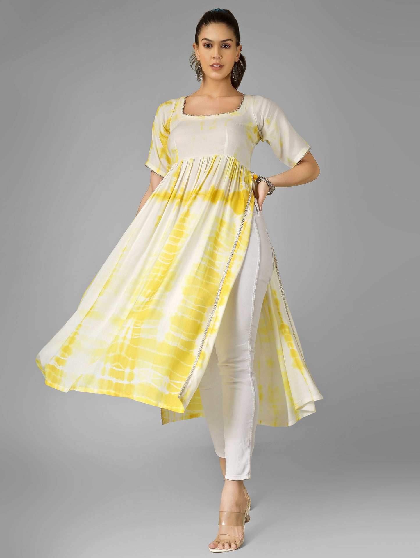 Yellow Tie-Dye Dress with Silver Kingari & High Slit