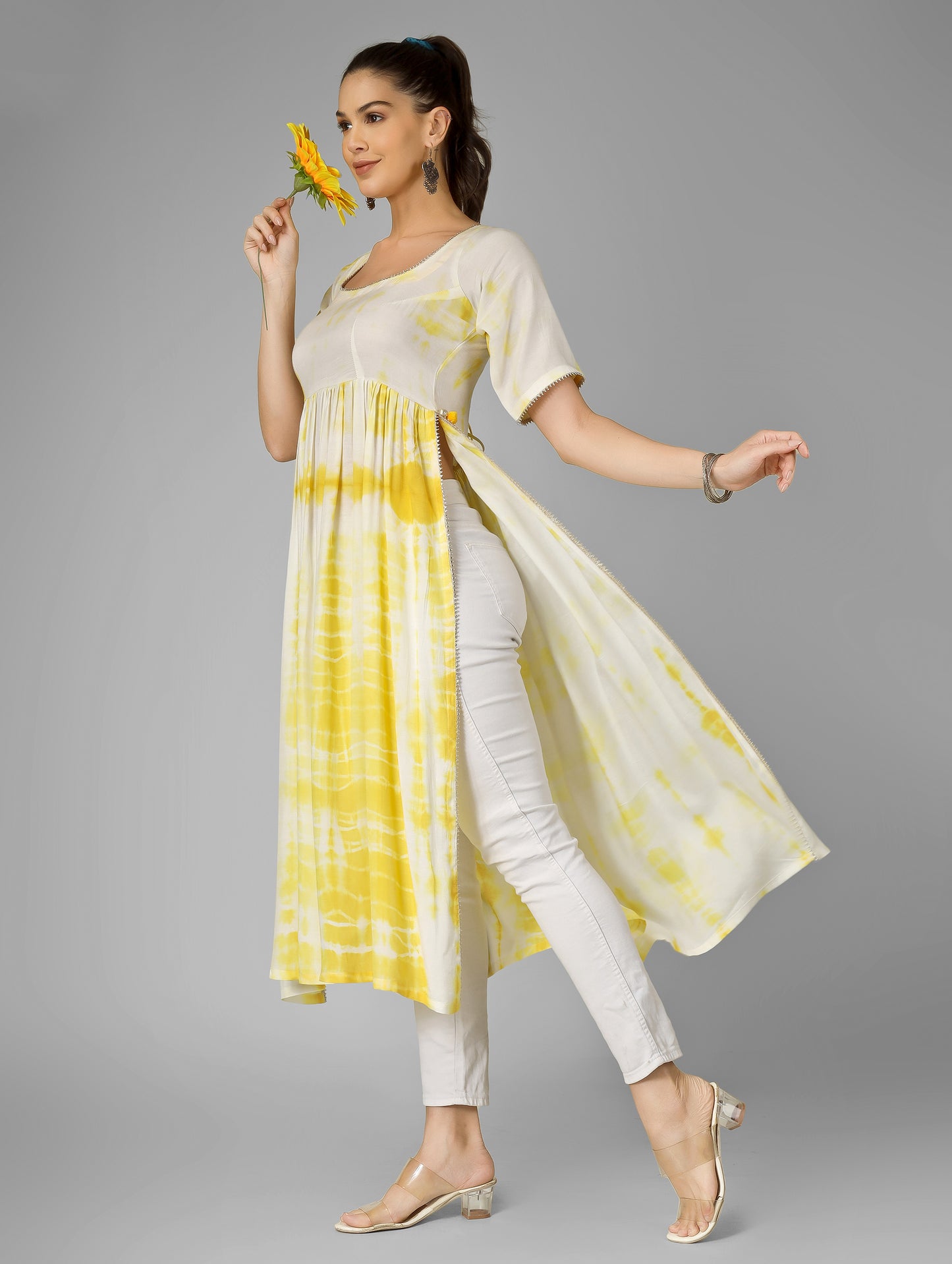 Yellow Tie-Dye Dress with Silver Kingari & High Slit