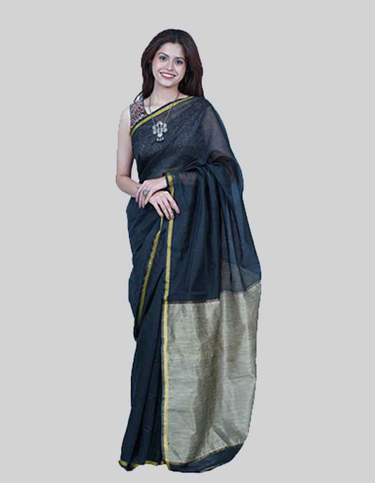 Black chanderi saree with dull gold pallu with 2 blouses