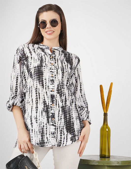 Black and white shibori print shirt with ban collar and full sleeves is perfect for all season