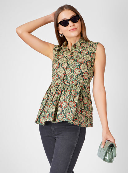 Cotton Peplum Shirt with Unique Design & Subtle Detailing