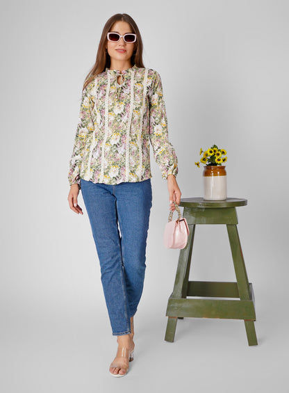 Wrinkle-Resistant Cotton Floral Print Top – Regular Fit, Semi-Formal Blouse for Women