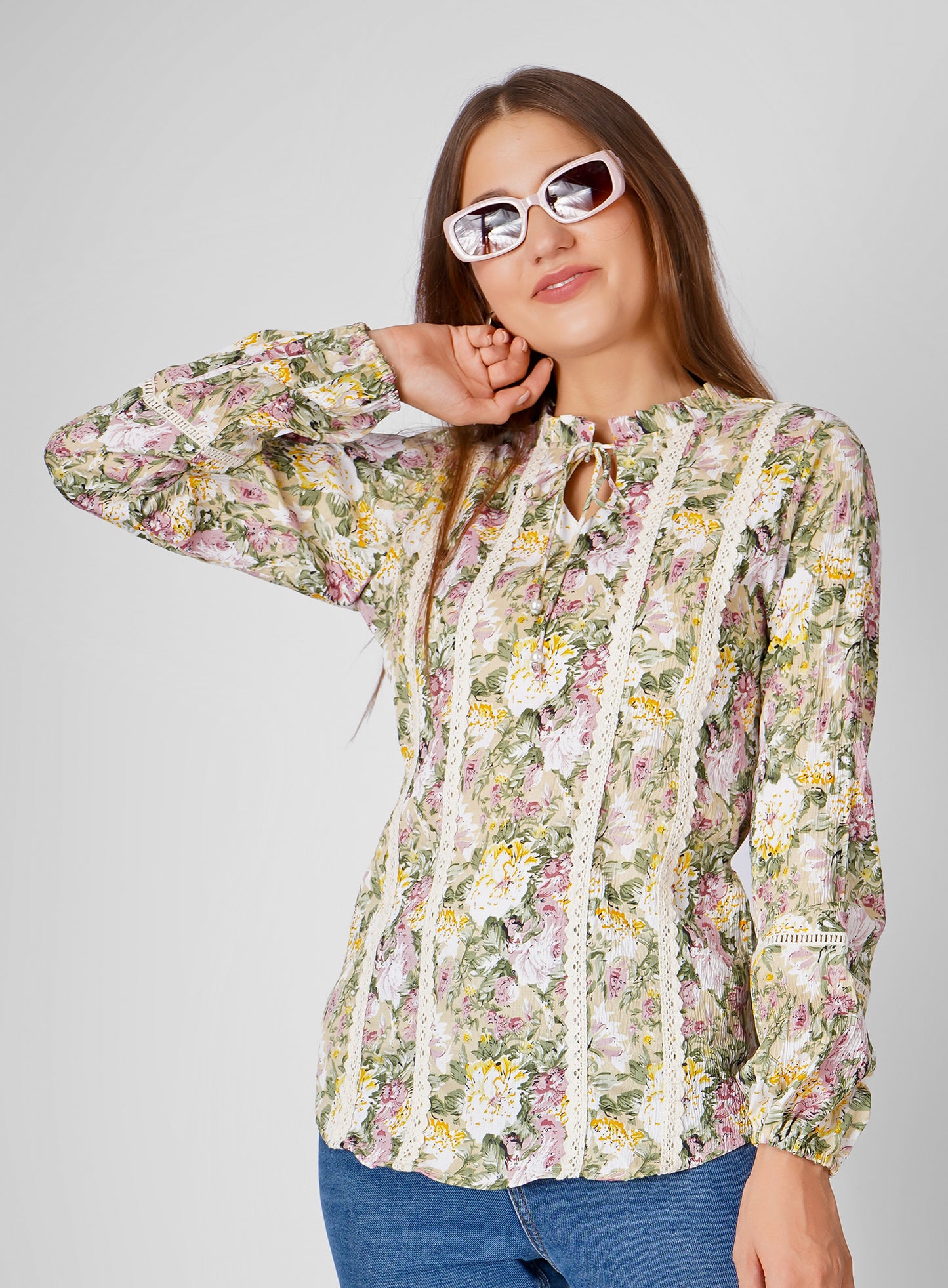 Wrinkle-Resistant Cotton Floral Print Top – Regular Fit, Semi-Formal Blouse for Women