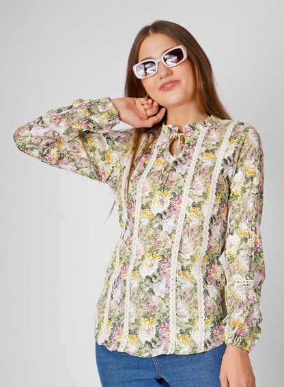 Wrinkle-Resistant Cotton Floral Print Top – Regular Fit, Semi-Formal Blouse for Women