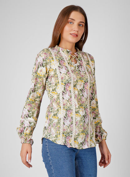Wrinkle-Resistant Cotton Floral Print Top – Regular Fit, Semi-Formal Blouse for Women