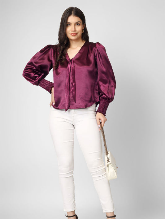 Plain wine color trendy satin top with v neck and full sleeves is perfect party wear.