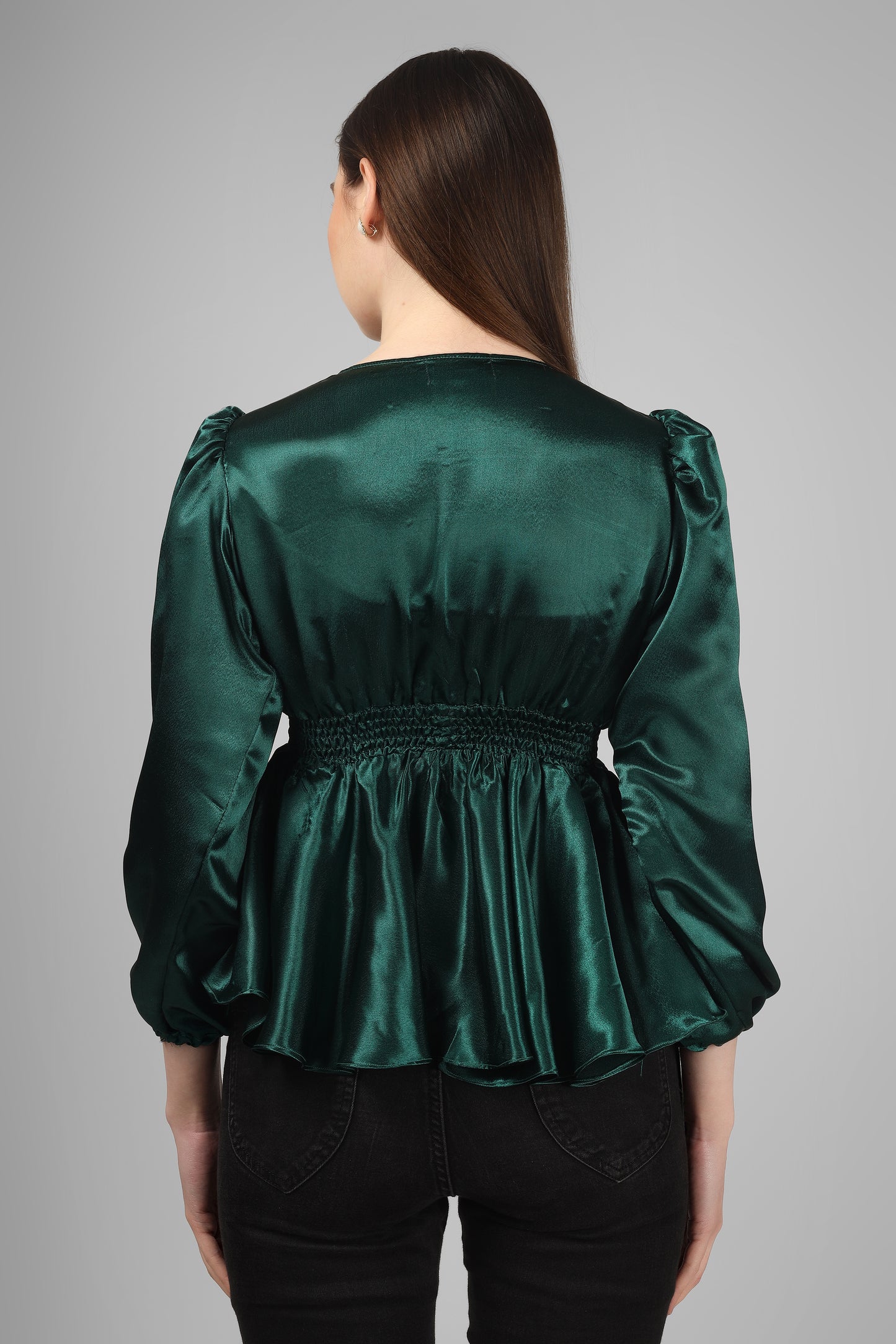 Emerald Green Satin Peplum Top for Women – V Neck Puff Sleeve Party Wear Top