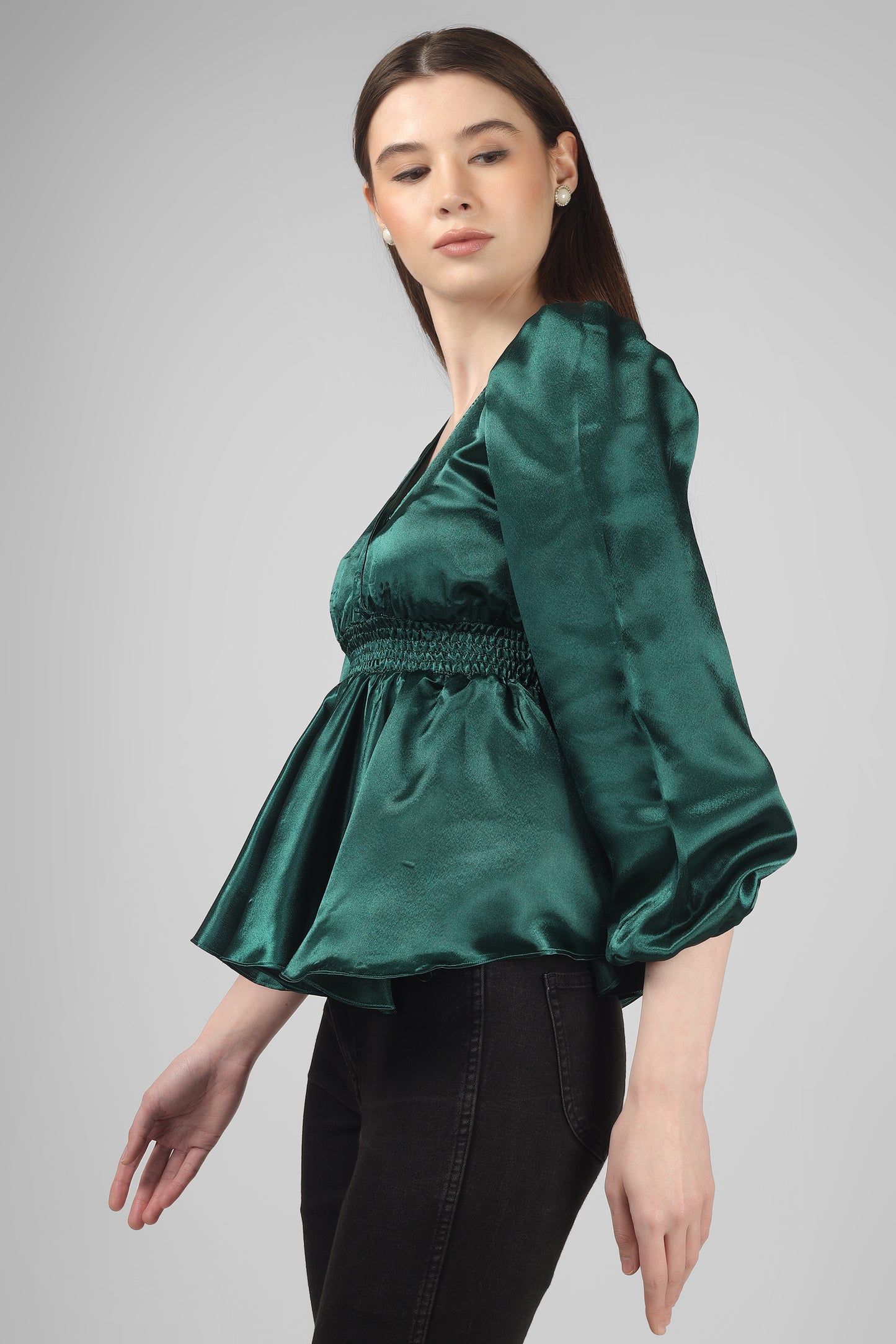 Emerald Green Satin Peplum Top for Women – V Neck Puff Sleeve Party Wear Top