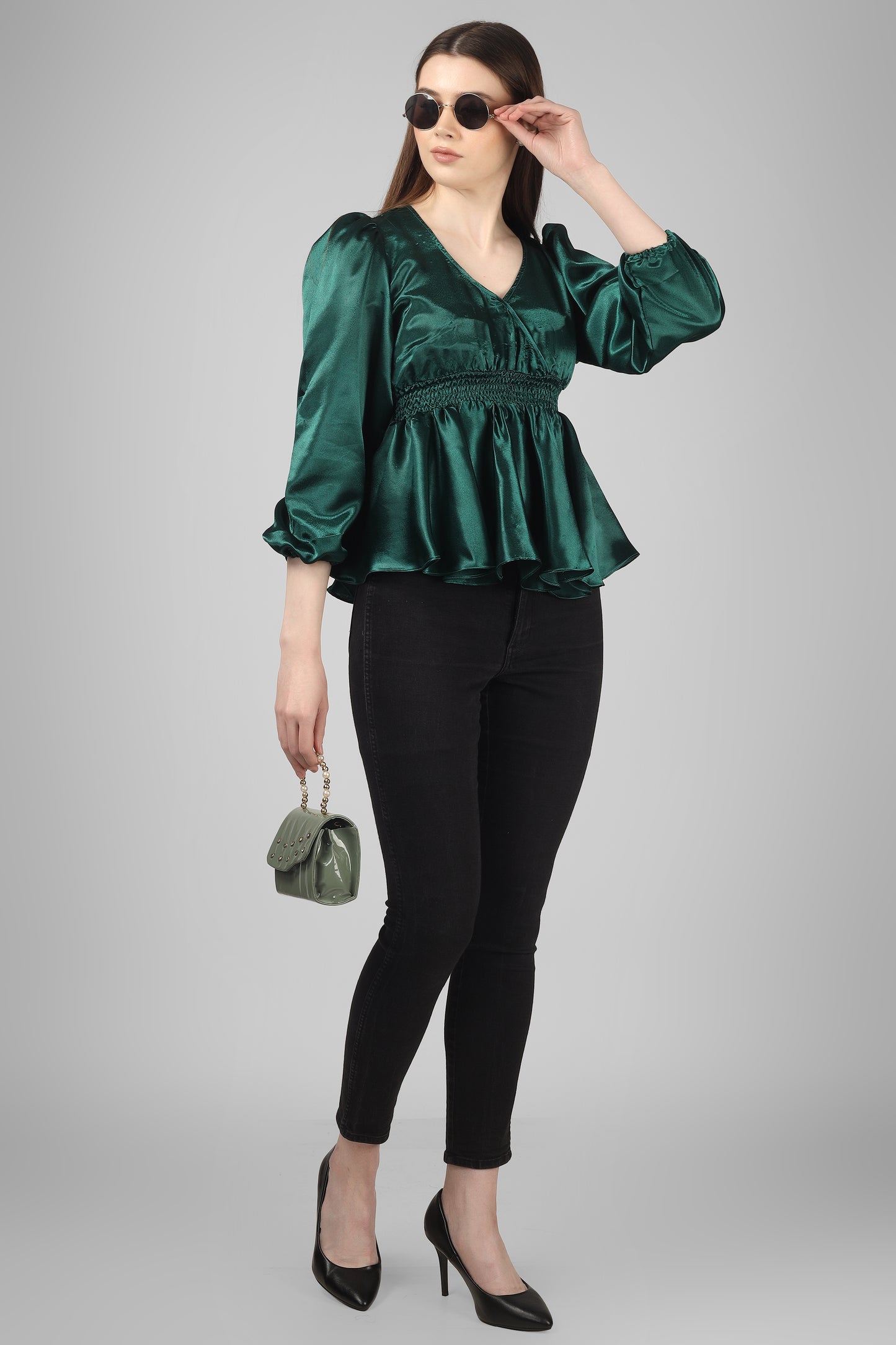 Emerald Green Satin Peplum Top for Women – V Neck Puff Sleeve Party Wear Top