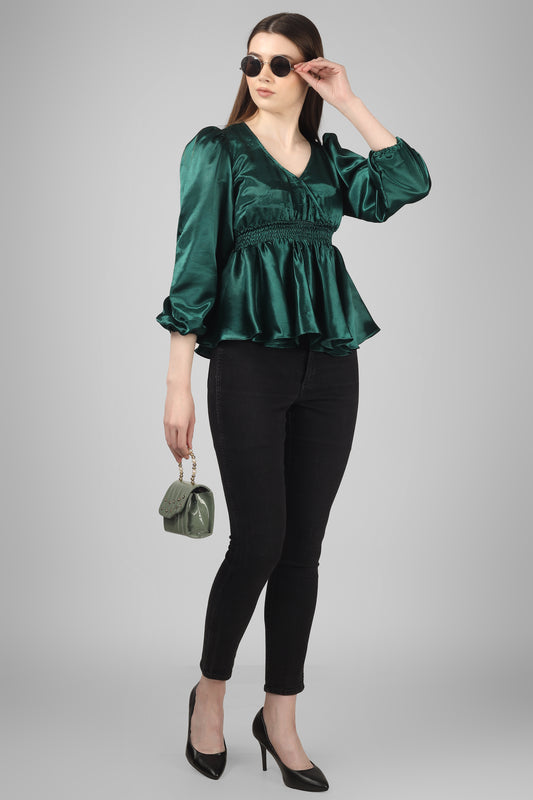 Emerald Green Satin Peplum Top for Women – V Neck Puff Sleeve Party Wear Top