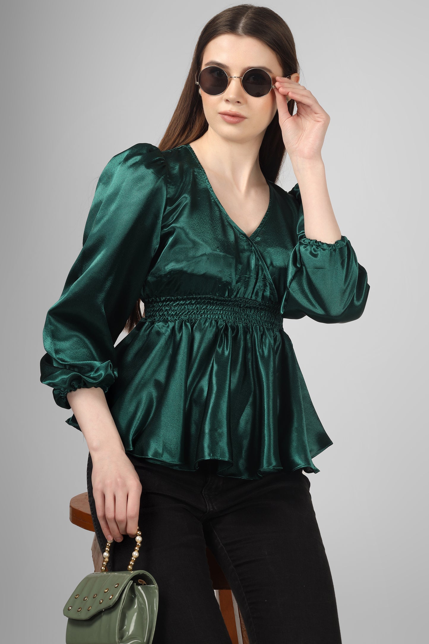 Emerald Green Satin Peplum Top for Women – V Neck Puff Sleeve Party Wear Top