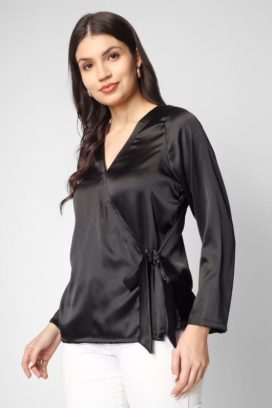 This plain black satin overlap top with full sleeves is the perfect mix of elegance and modern style.