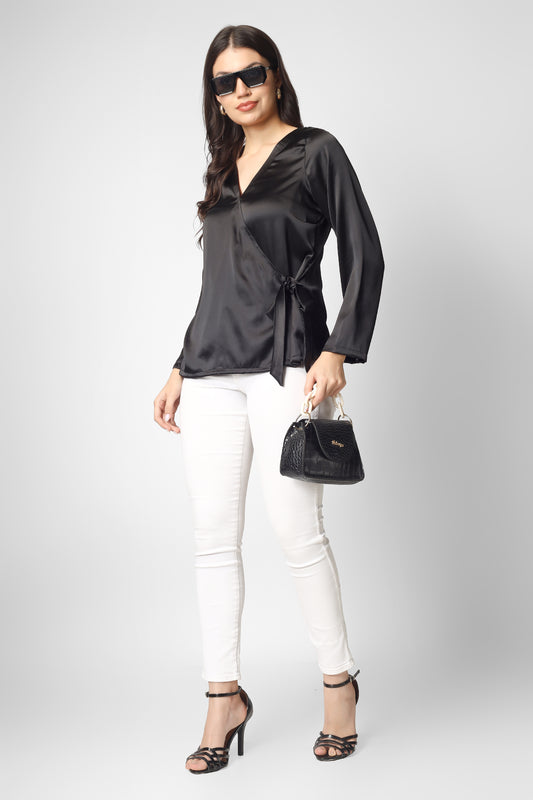 This plain black satin overlap top with full sleeves is the perfect mix of elegance and modern style.