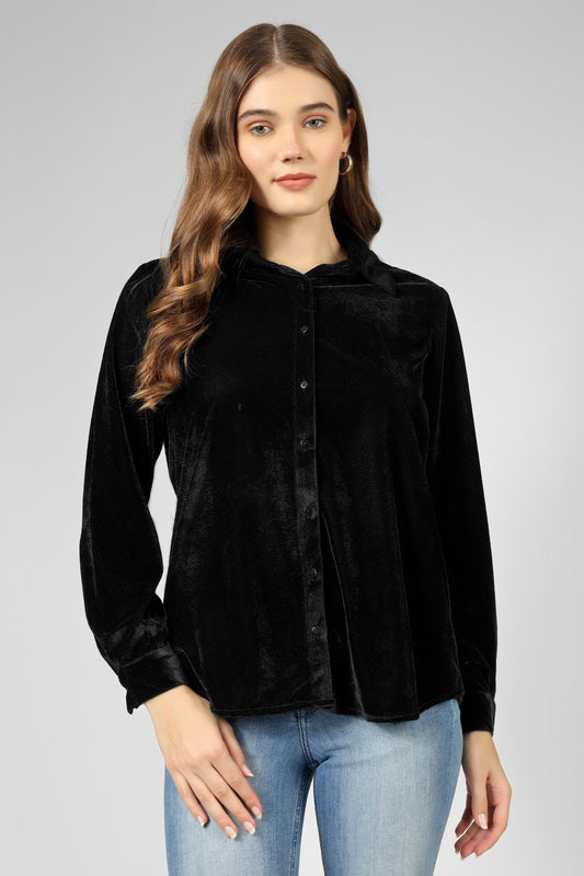 Trendy Black Velvet Collared Shirt – Perfect for Workwear & Party Wear