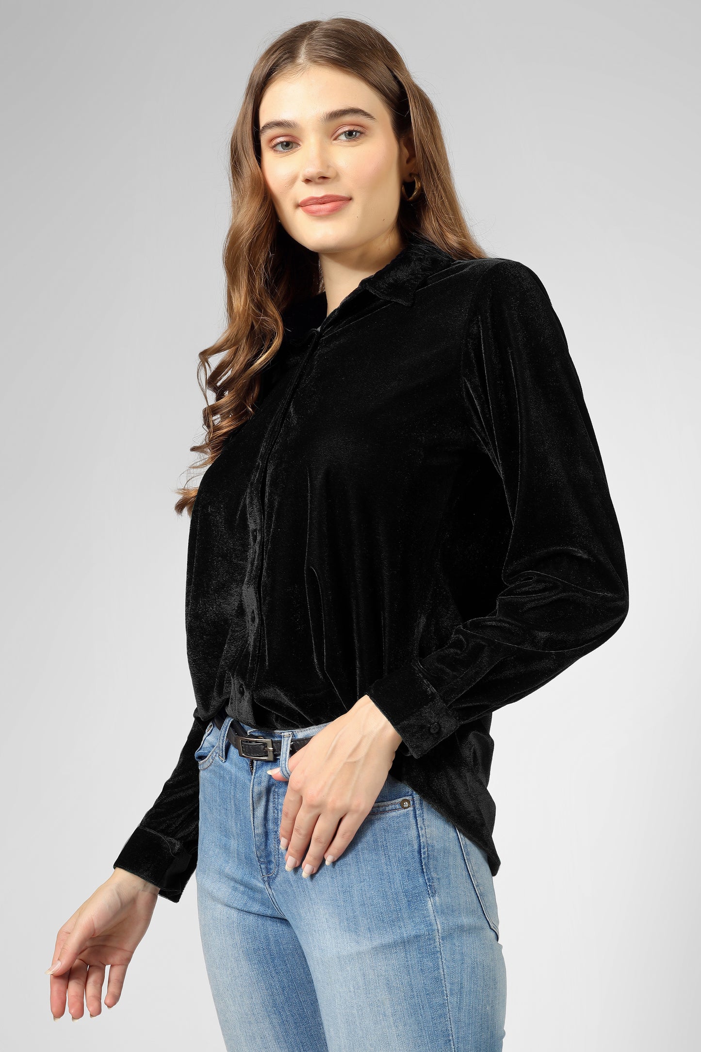 Trendy Black Velvet Collared Shirt – Perfect for Workwear & Party Wear