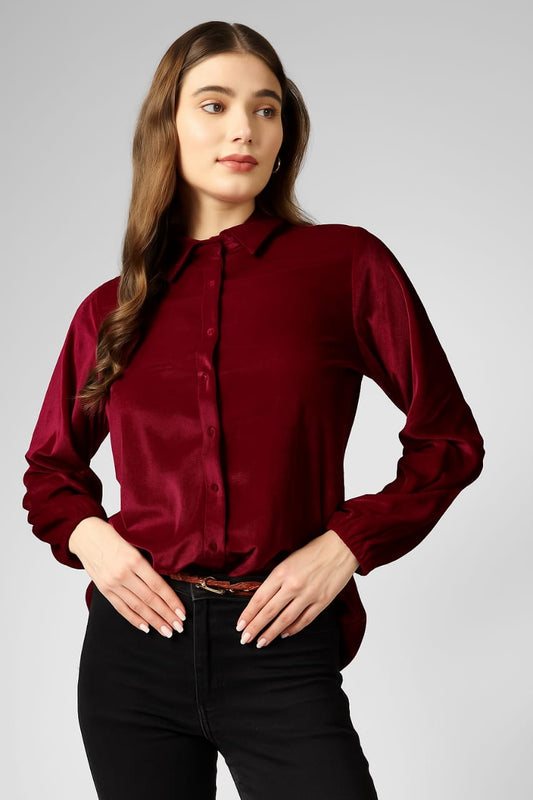Women's Wine Velvet Button-Down Shirt