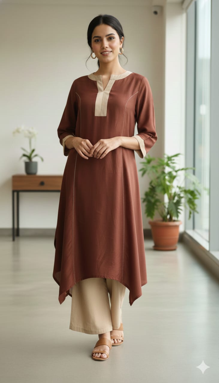 Rust Brown Asymmetrical Kurta with Beige Straight Pants