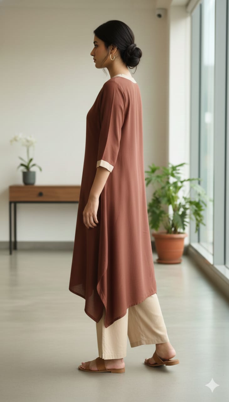 Rust Brown Asymmetrical Kurta with Beige Straight Pants