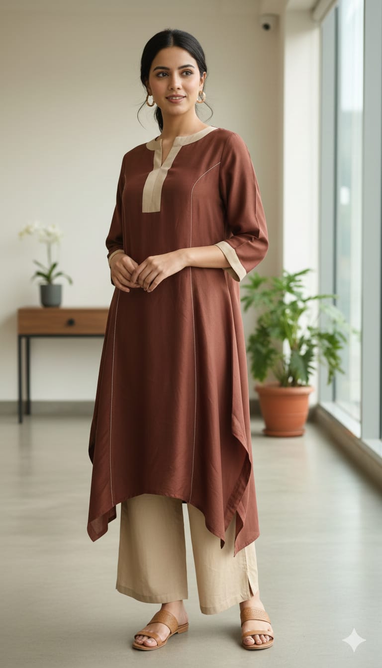Rust Brown Asymmetrical Kurta with Beige Straight Pants