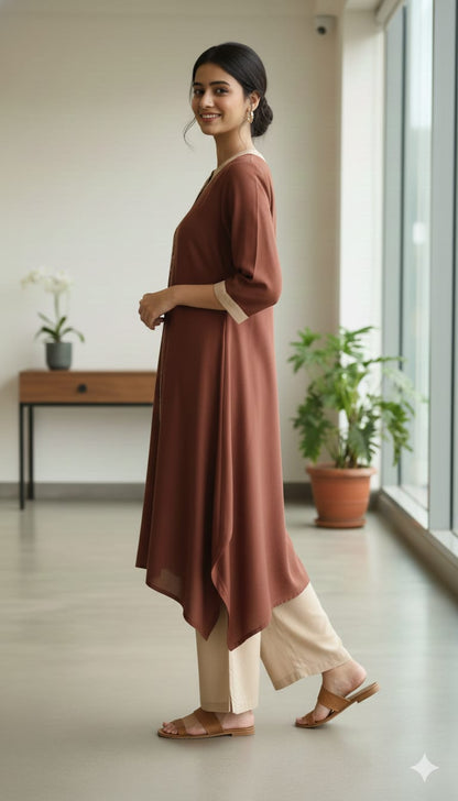 Rust Brown Asymmetrical Kurta with Beige Straight Pants