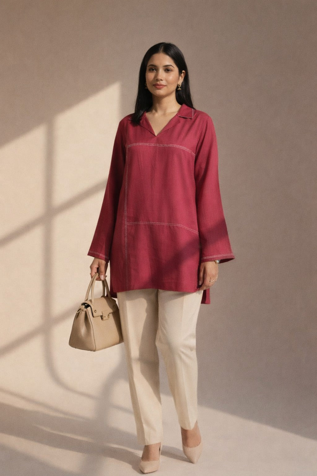 Women’s Solid Tunic Kurti – Relaxed Fit, V-Neck