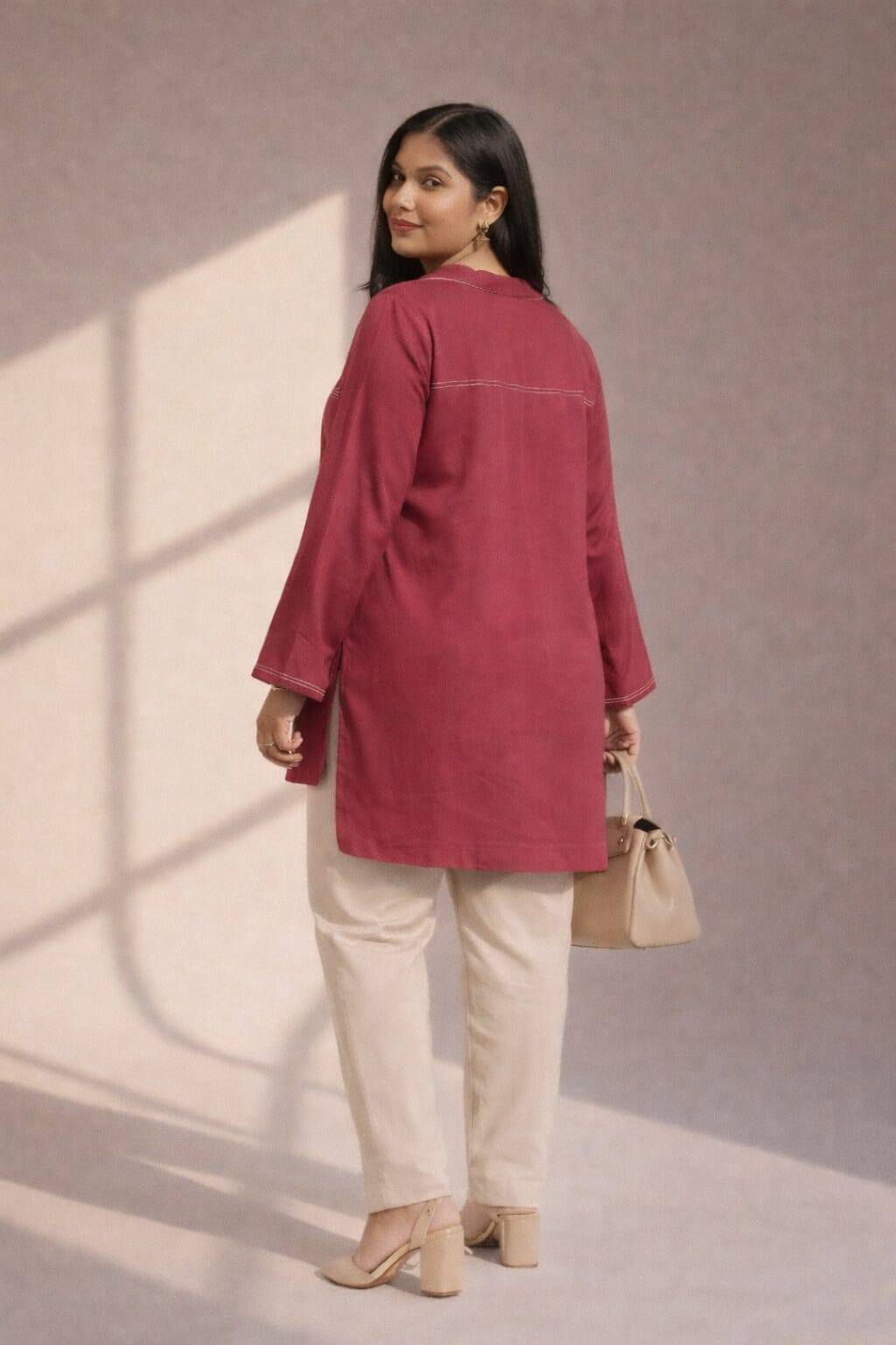 Women’s Solid Tunic Kurti – Relaxed Fit, V-Neck