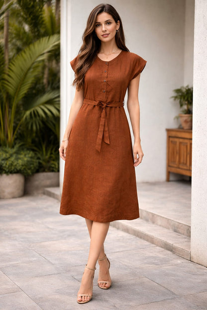 Belted Midi Dress for Women | A-Line Casual & Elegant Dress