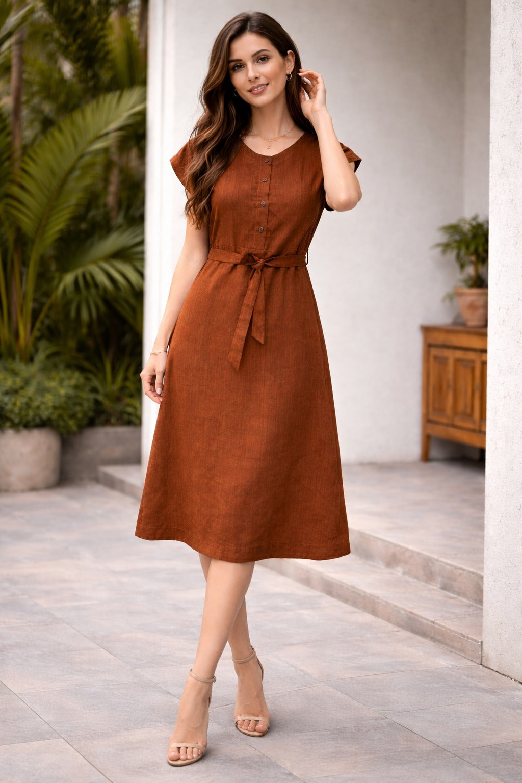 Belted Midi Dress for Women | A-Line Casual & Elegant Dress
