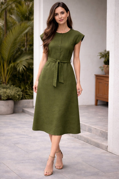 Belted Midi Dress for Women | A-Line Casual & Elegant Dress