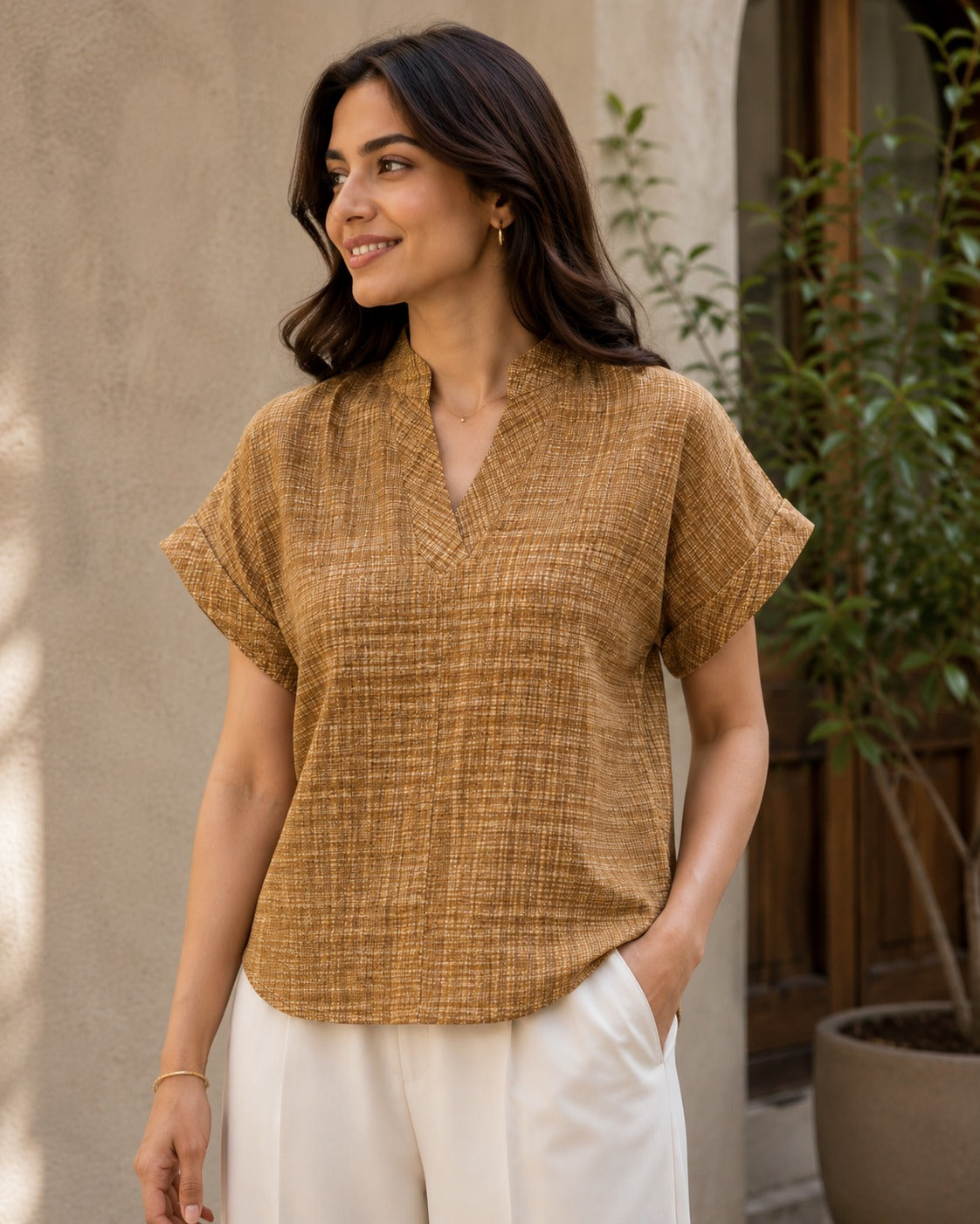 Women's Casual V-Neck Top | 100% Cotton | Textured Fabric | Caramel Brown