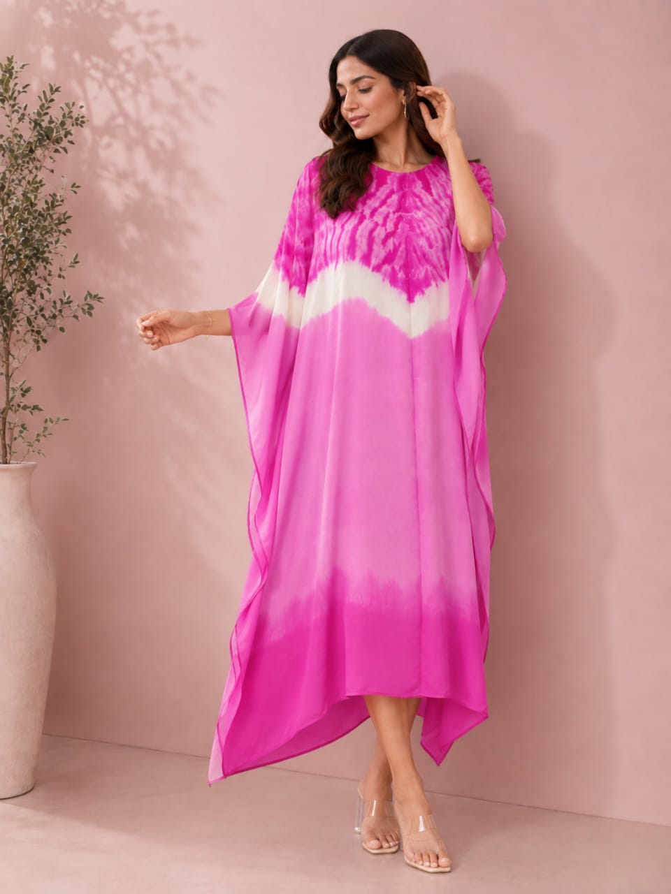 Pink & White Tie-Dye Kaftan Dress | Flowy Resort Wear