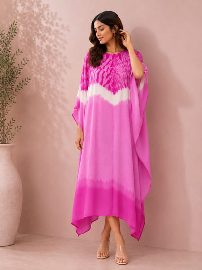 Pink & White Tie-Dye Kaftan Dress | Flowy Resort Wear