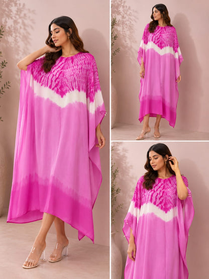 Pink & White Tie-Dye Kaftan Dress | Flowy Resort Wear
