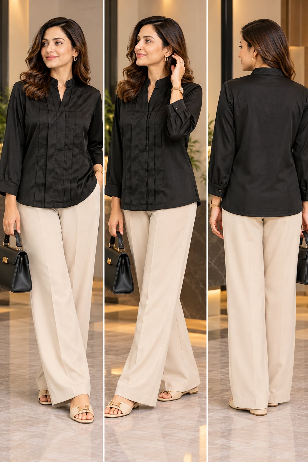 Women's Solid Mandarin Collar Pintuck Detail Top