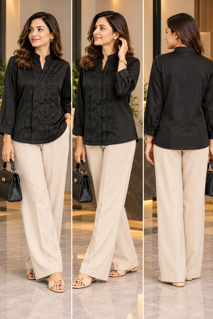 Women's Solid Mandarin Collar Pintuck Detail Top