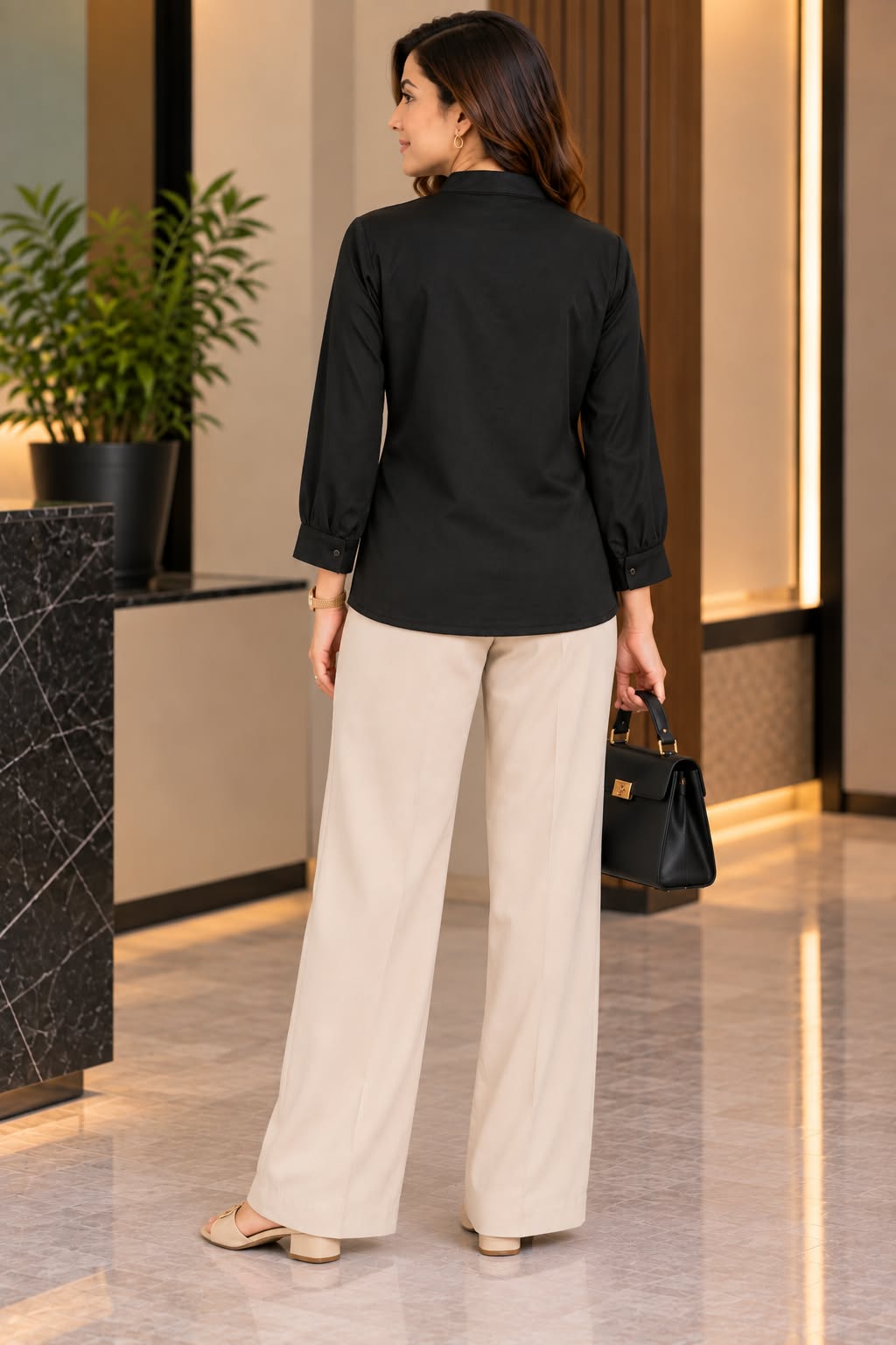 Women's Solid Mandarin Collar Pintuck Detail Top
