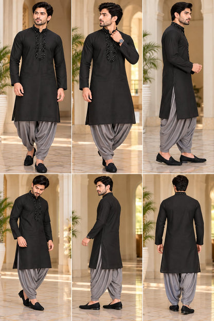 Title: Men's Embroidered Straight Kurta with Mandarin Collar