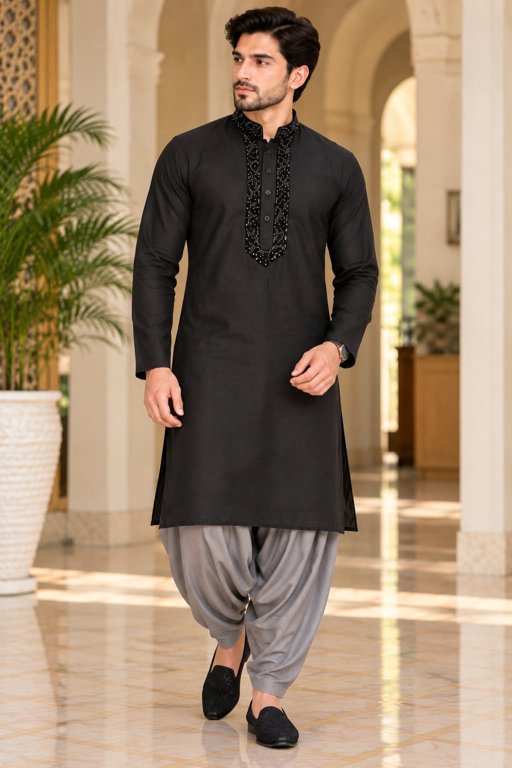 Title: Men's Embroidered Straight Kurta with Mandarin Collar