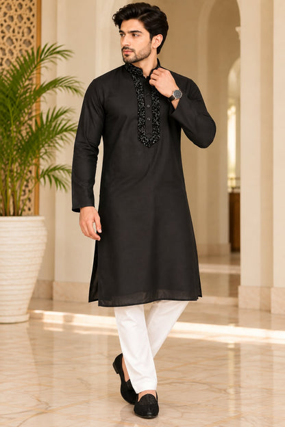 Title: Men's Embroidered Straight Kurta with Mandarin Collar