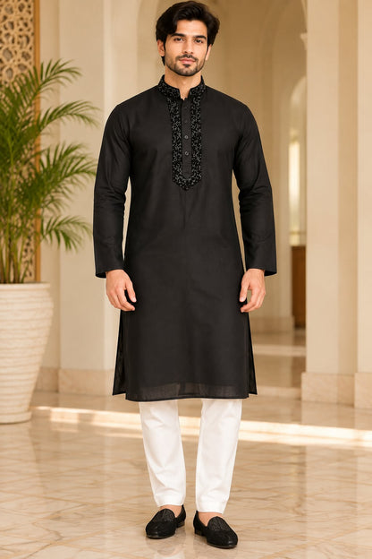 Title: Men's Embroidered Straight Kurta with Mandarin Collar
