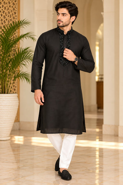 Title: Men's Embroidered Straight Kurta with Mandarin Collar