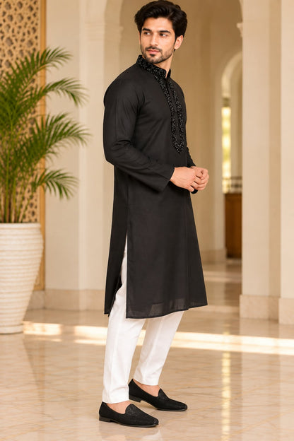 Title: Men's Embroidered Straight Kurta with Mandarin Collar