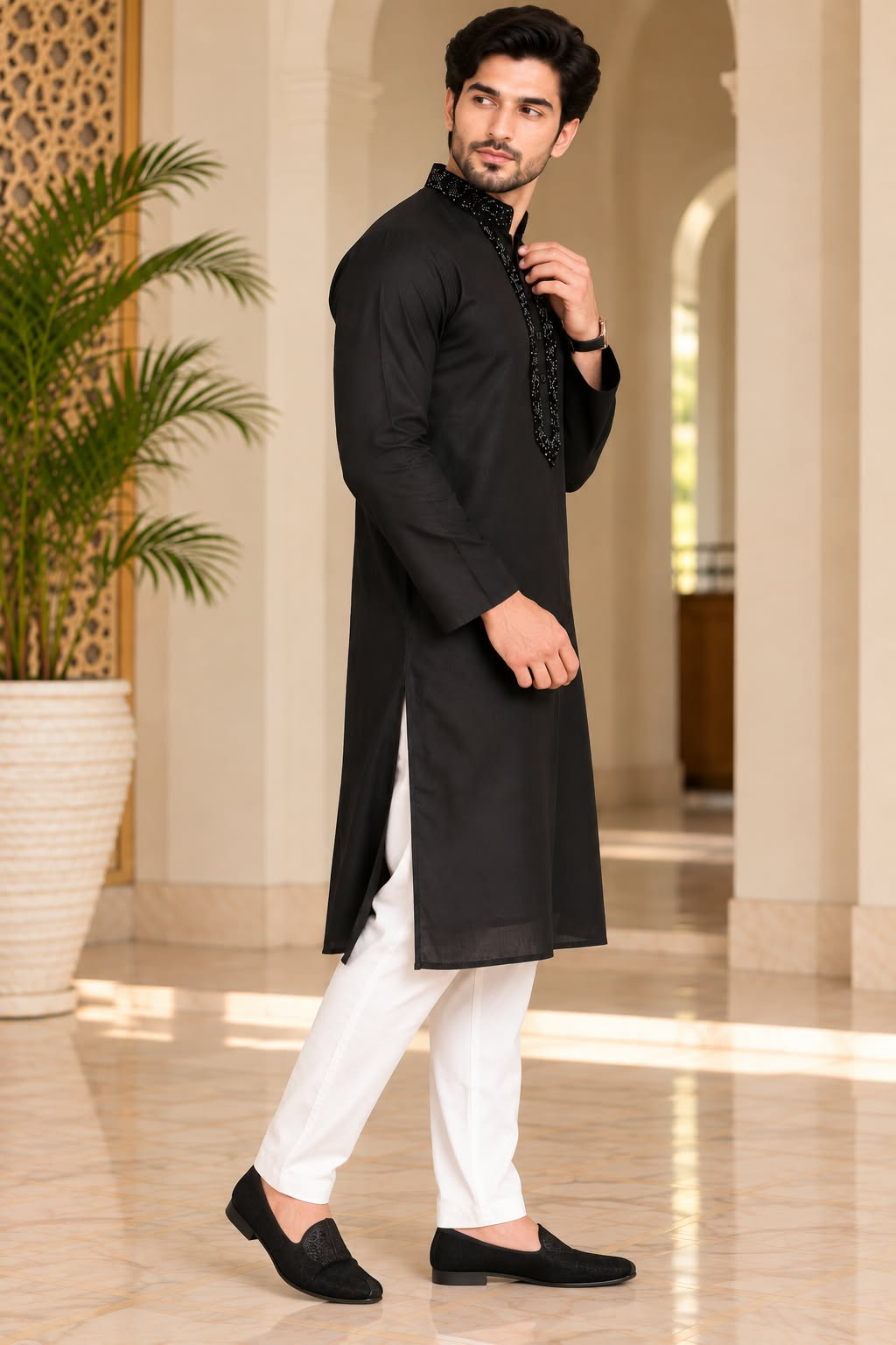 Title: Men's Embroidered Straight Kurta with Mandarin Collar