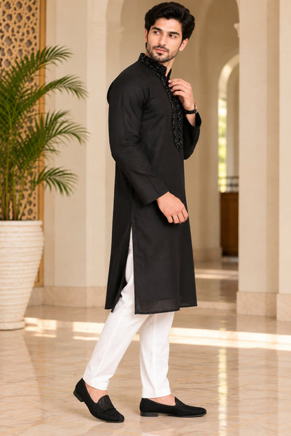 Title: Men's Embroidered Straight Kurta with Mandarin Collar