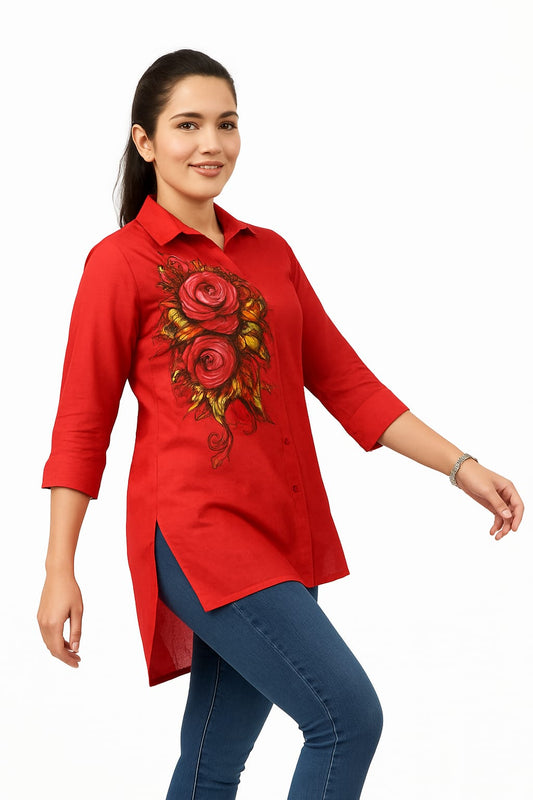Red Hand-Painted Floral Cotton Kurti for Women
