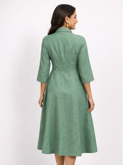 Brown Textured Cotton Linen A-Line Midi Dress