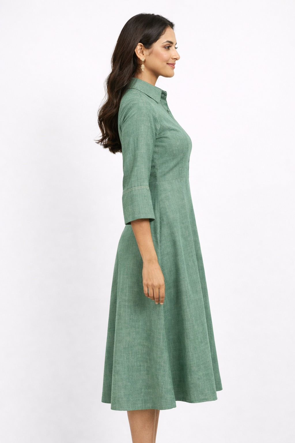 Brown Textured Cotton Linen A-Line Midi Dress