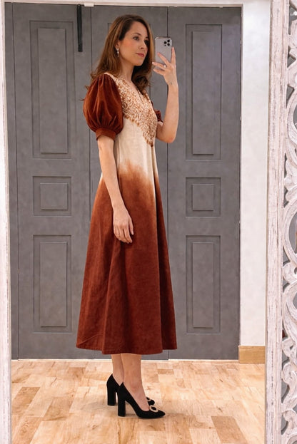 Brown Tie-Dye A-Line Midi Dress with V-Neck